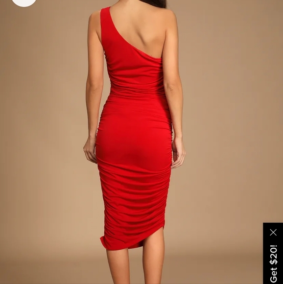 LULUS Total Appeal Red Ruched One-Shoulder Bodycon Midi Dress red in small - Picture 3 of 6